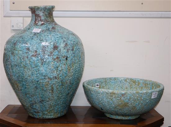 A Persian style turquoise crackle glass ovoid shaped vase and a similar bowl vase height 59cm